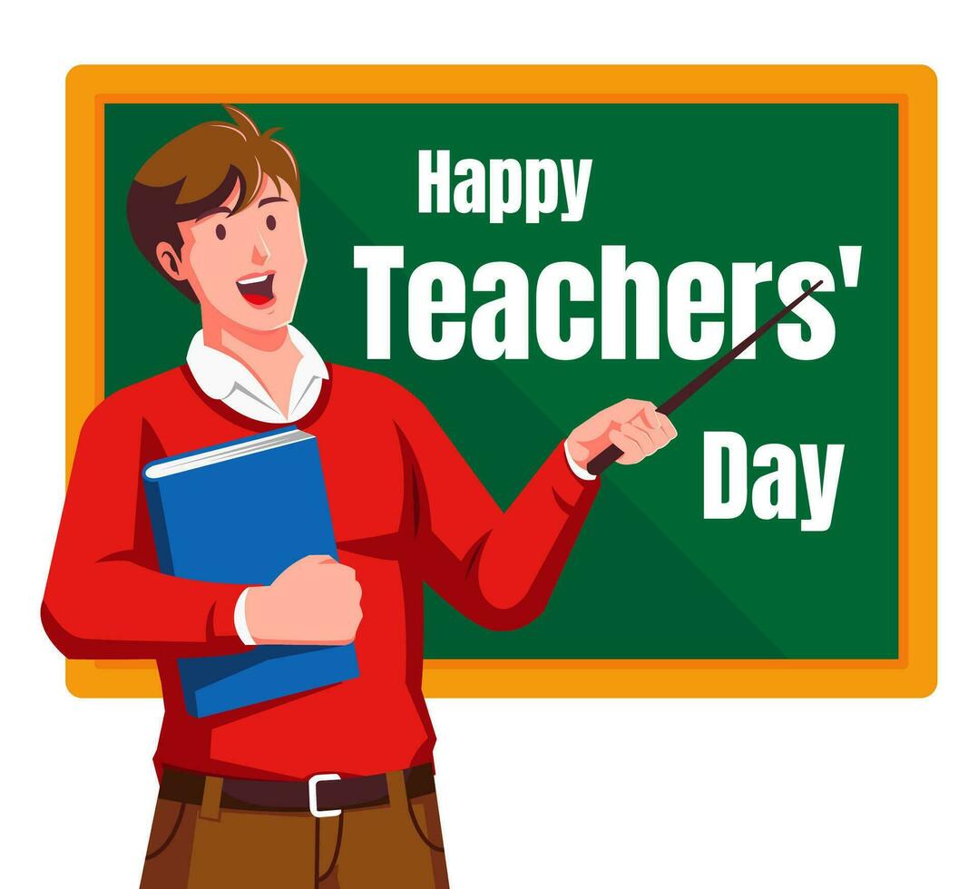 Happy teachers day with male teacher and chalkboard vector