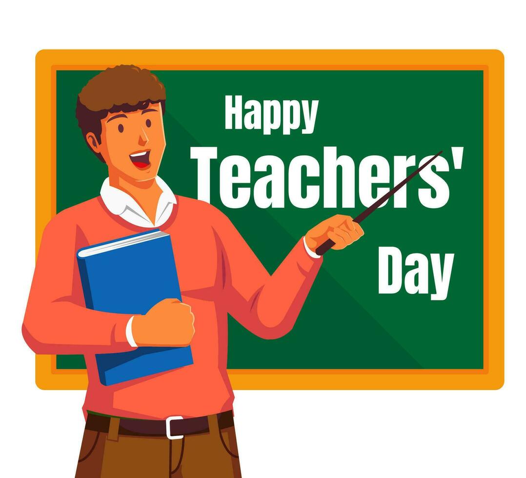 Happy teachers day with male teacher and chalkboard vector