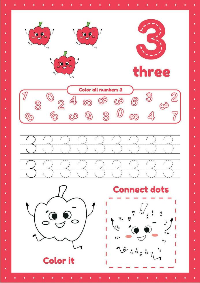 Many games on one page for preschool kids. Color page, dot to dot, trace. Learning number 3 vector