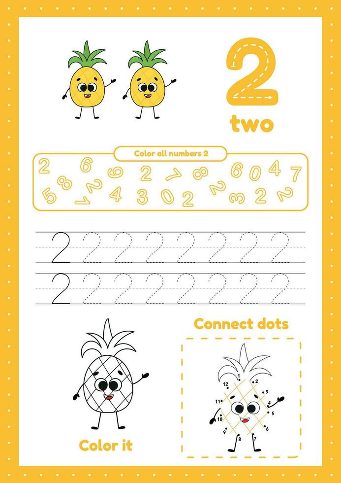 Many games on one page for preschool kids. Color page, dot to dot, trace. Learning number 2 vector