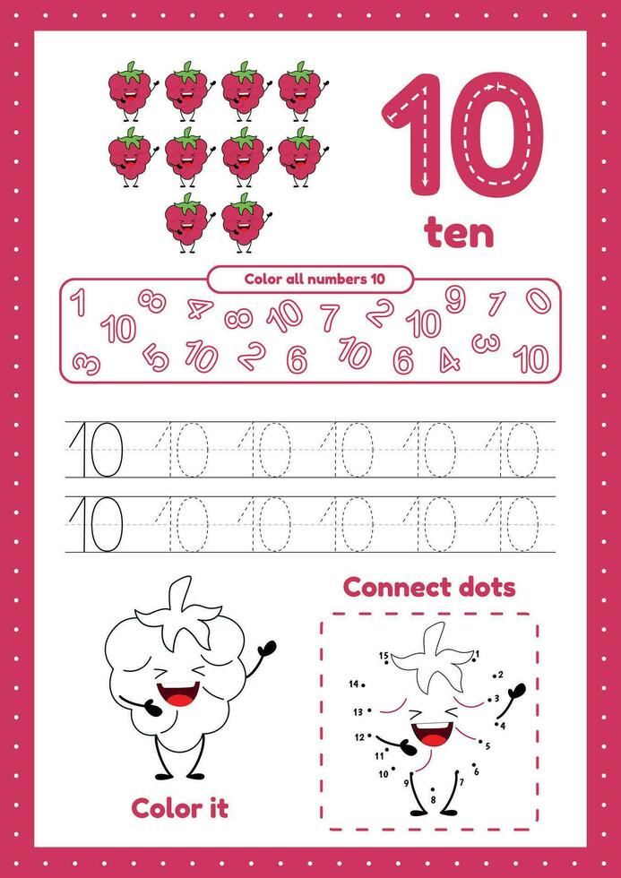 Many games on one page for preschool kids. Color page, dot to dot, trace. Learning number 10 vector