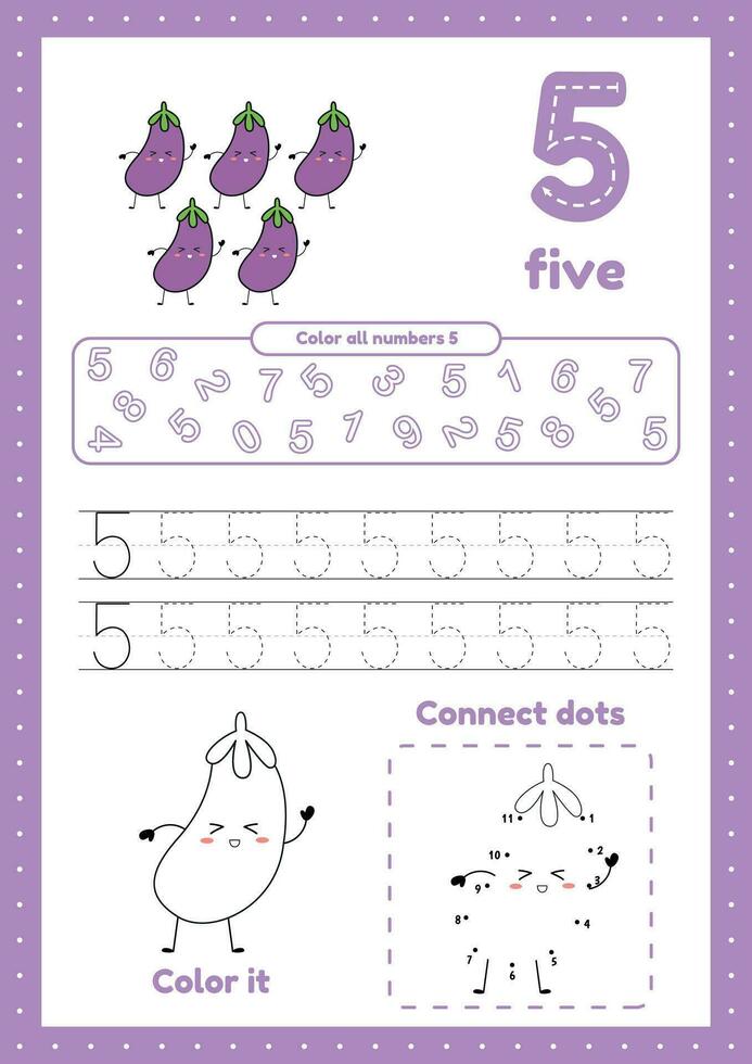 Many games on one page for preschool kids. Color page, dot to dot, trace. Learning number 5 vector