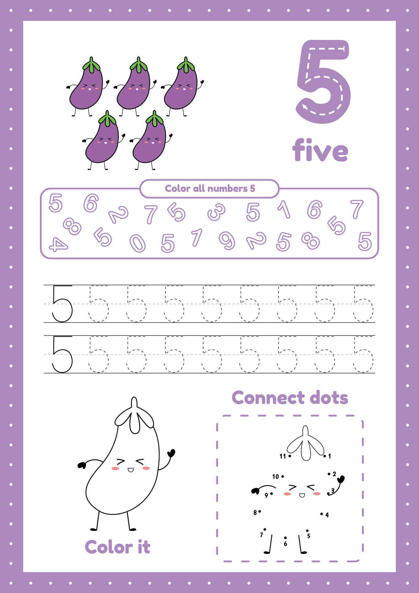 Many games on one page for preschool kids. Color page, dot to dot