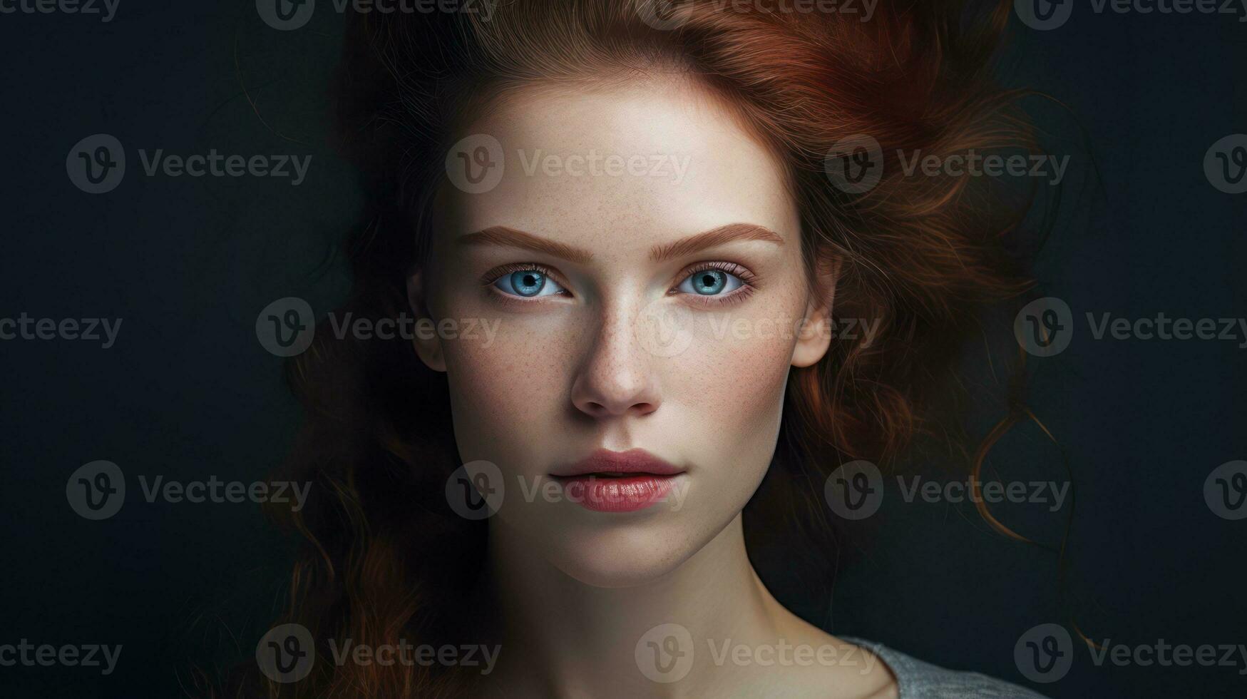 Beauty portrait of young woman with red hair and blue eyes. Generative AI photo
