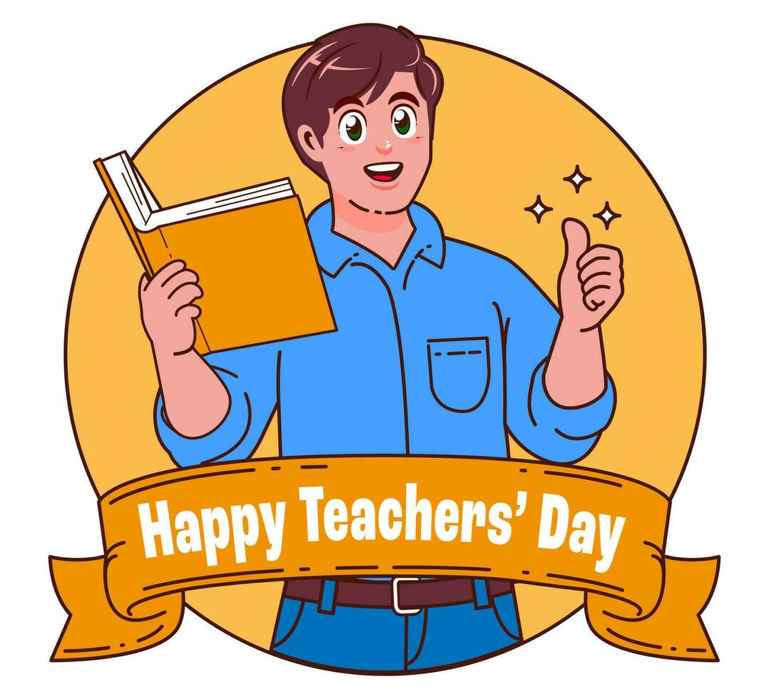 Happy teachers day with male teacher carrying books vector