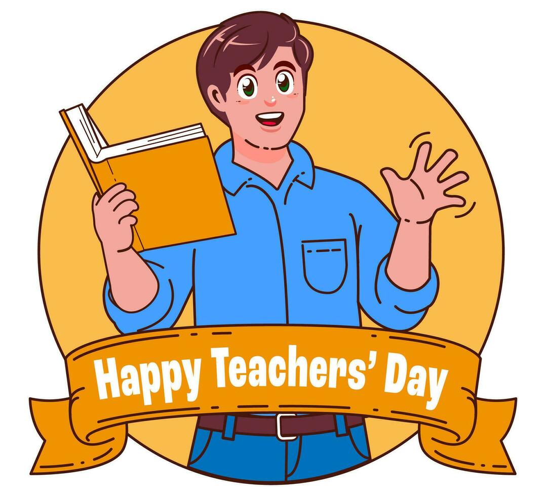 Happy teachers day with male teacher carrying books vector