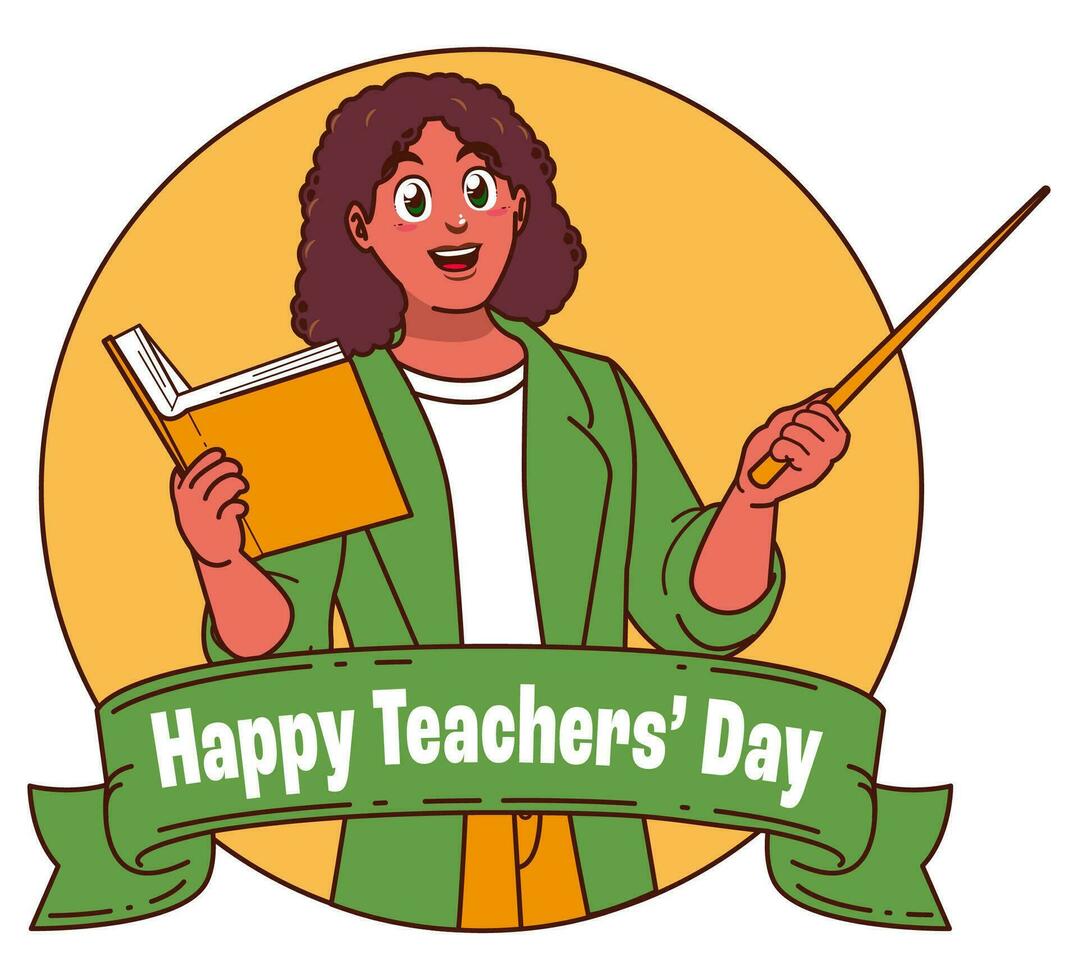 Happy teachers day with female teacher carrying books vector