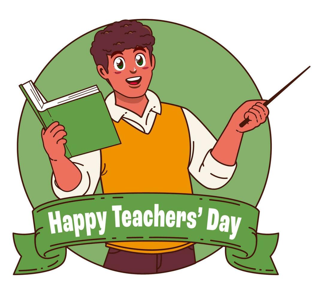 Happy teachers day with male teacher carrying books vector