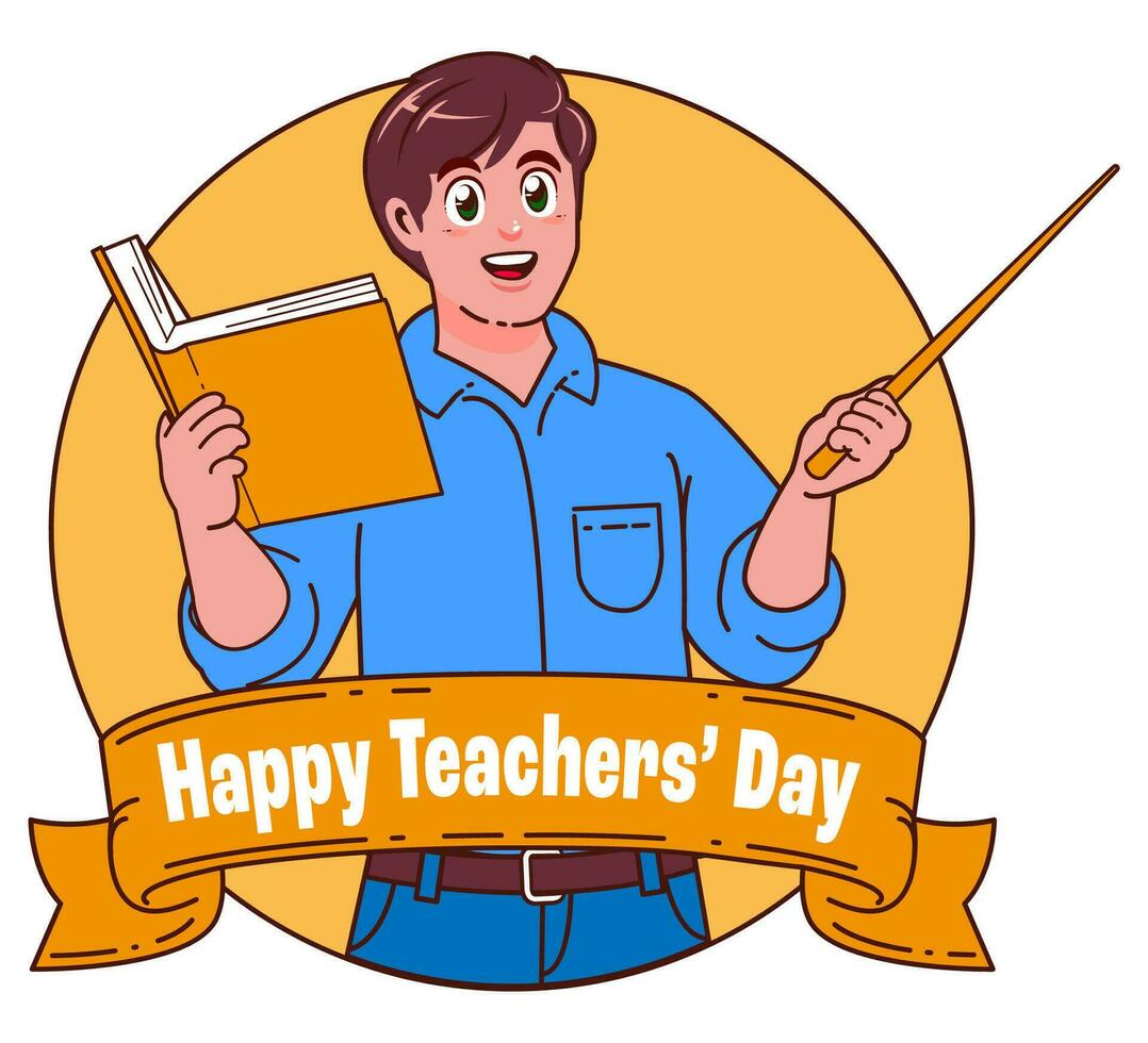 Happy teachers day with male teacher carrying books vector