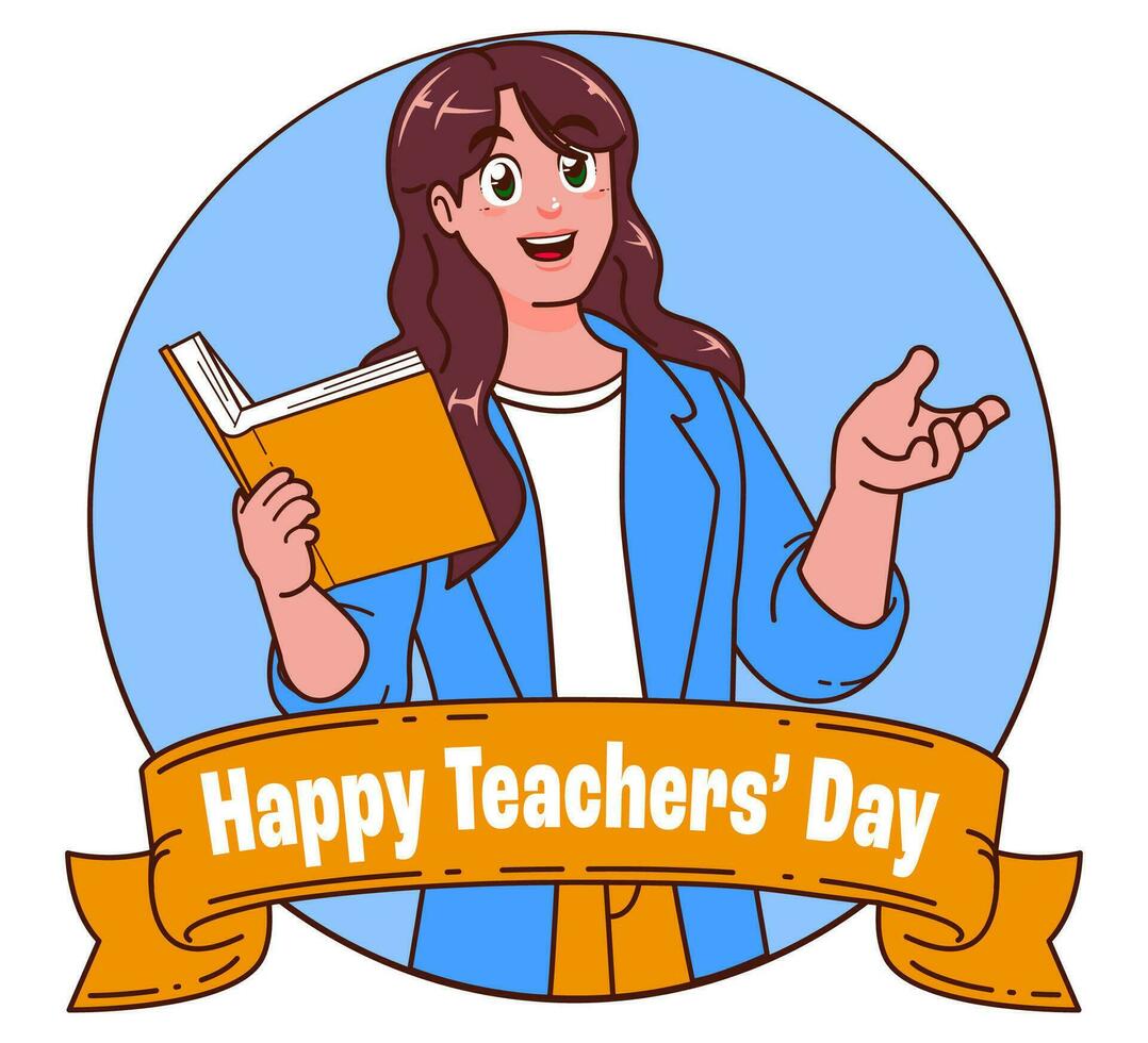 Happy teachers day with female teacher carrying books vector