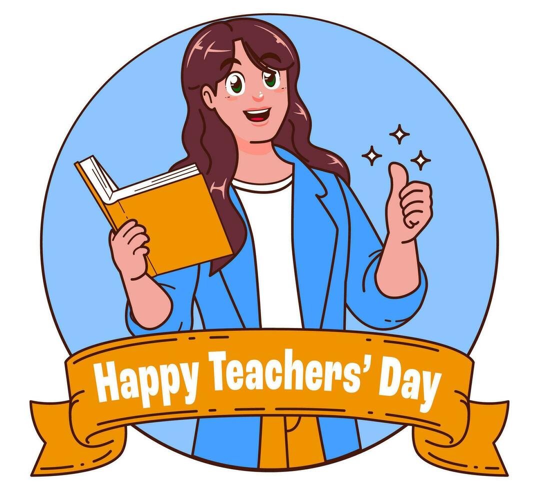 Happy teachers day with female teacher carrying books vector