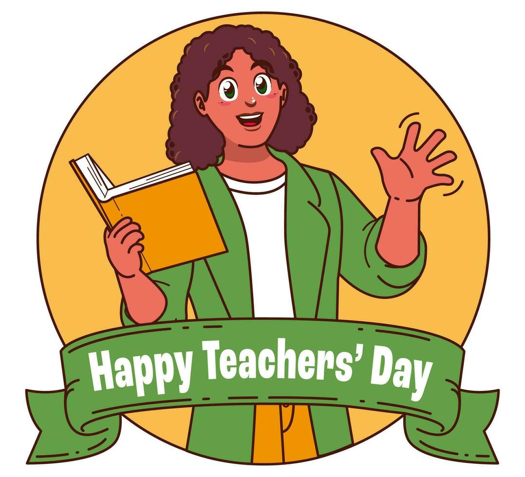 Happy teachers day with female teacher carrying books vector