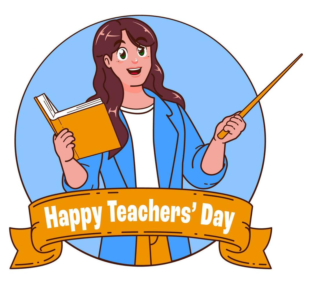 Happy teachers day with female teacher carrying books vector