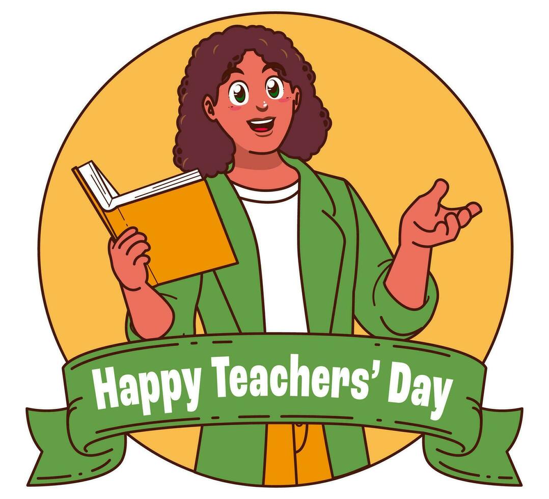 Happy teachers day with female teacher carrying books vector