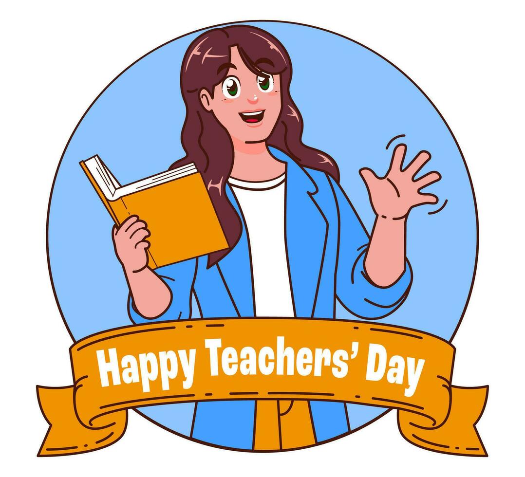Happy teachers day with female teacher carrying books vector