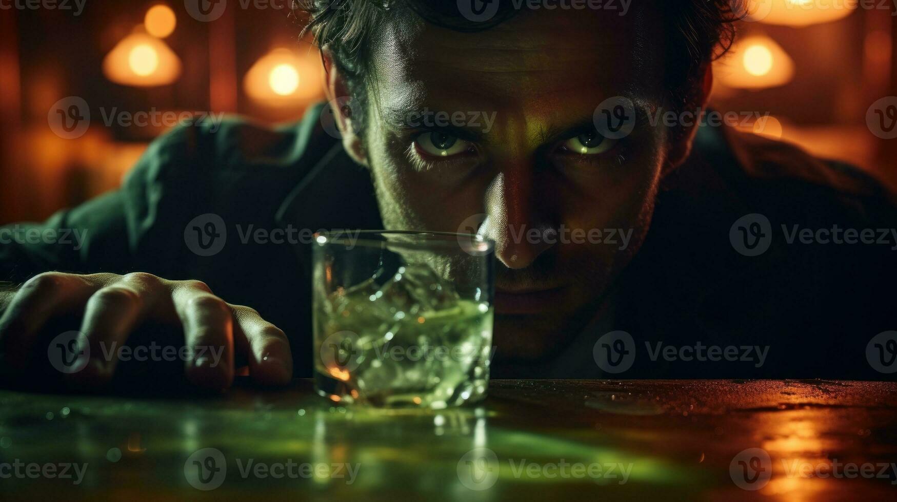 Drunk man in a bar with a glass of whiskey. Alcohol addiction. Generative AI photo
