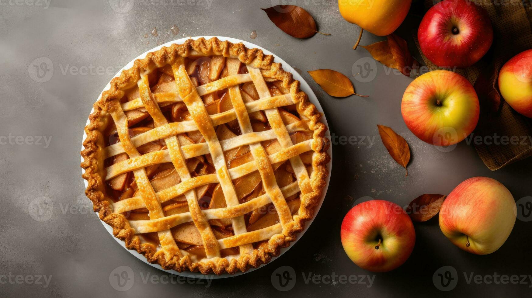 Delicious apple pie with fresh apples on a dark background, top view Generative AI photo