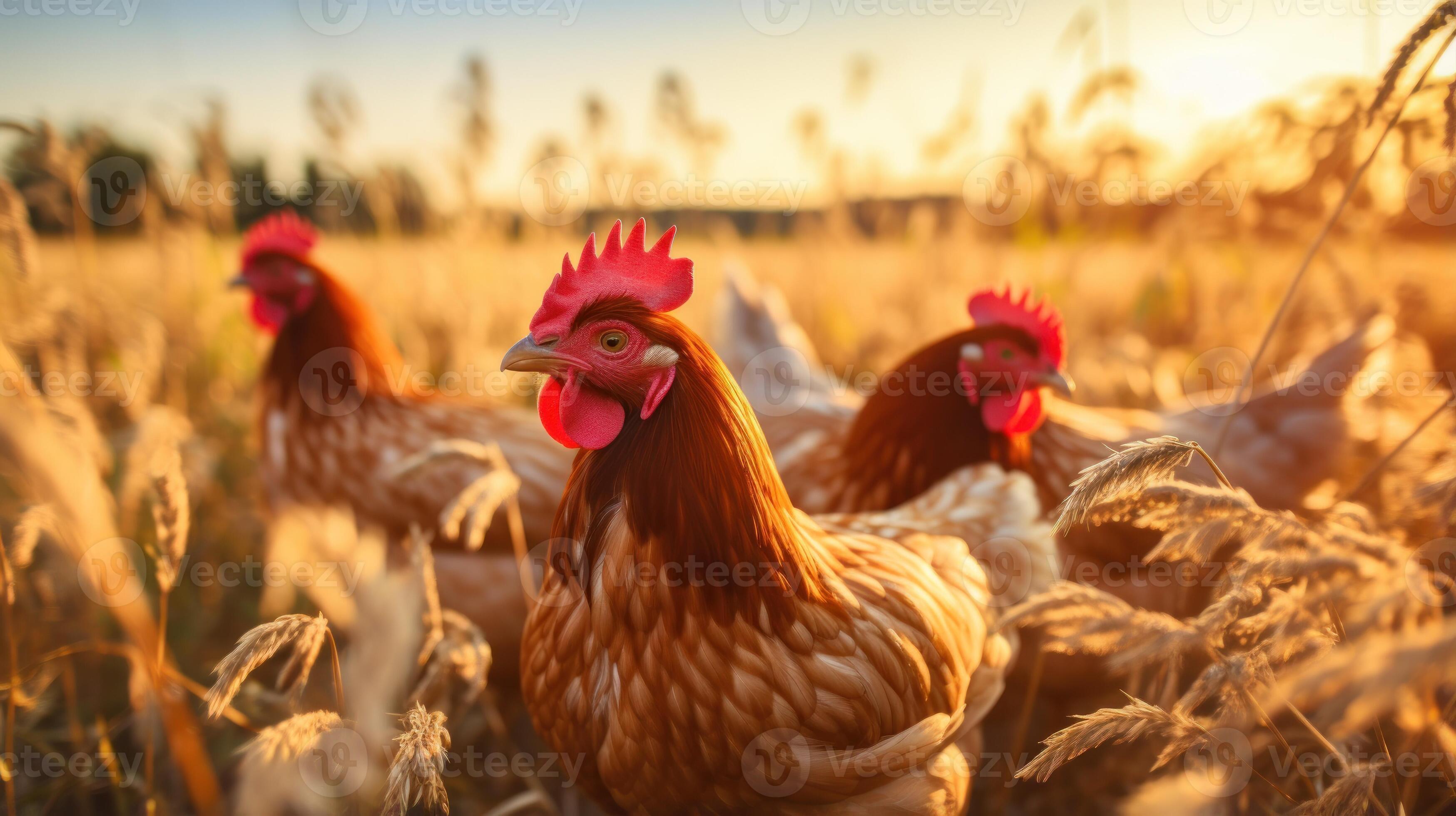 Chickens and rooster on a farm in the sun. Generative AI 34331431 Stock