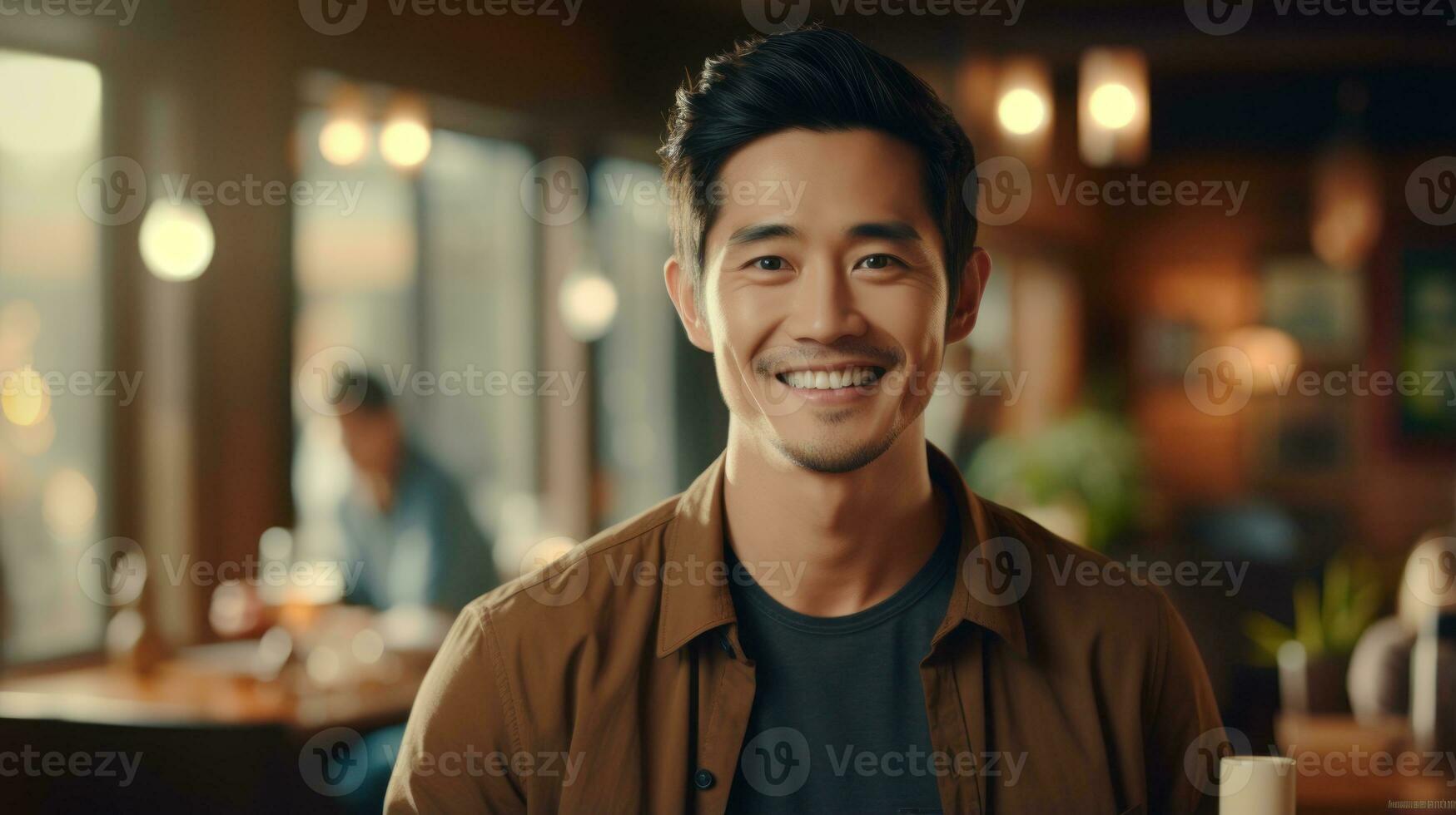 Portrait of smiling asian man looking at camera in coffee shop Generative AI photo