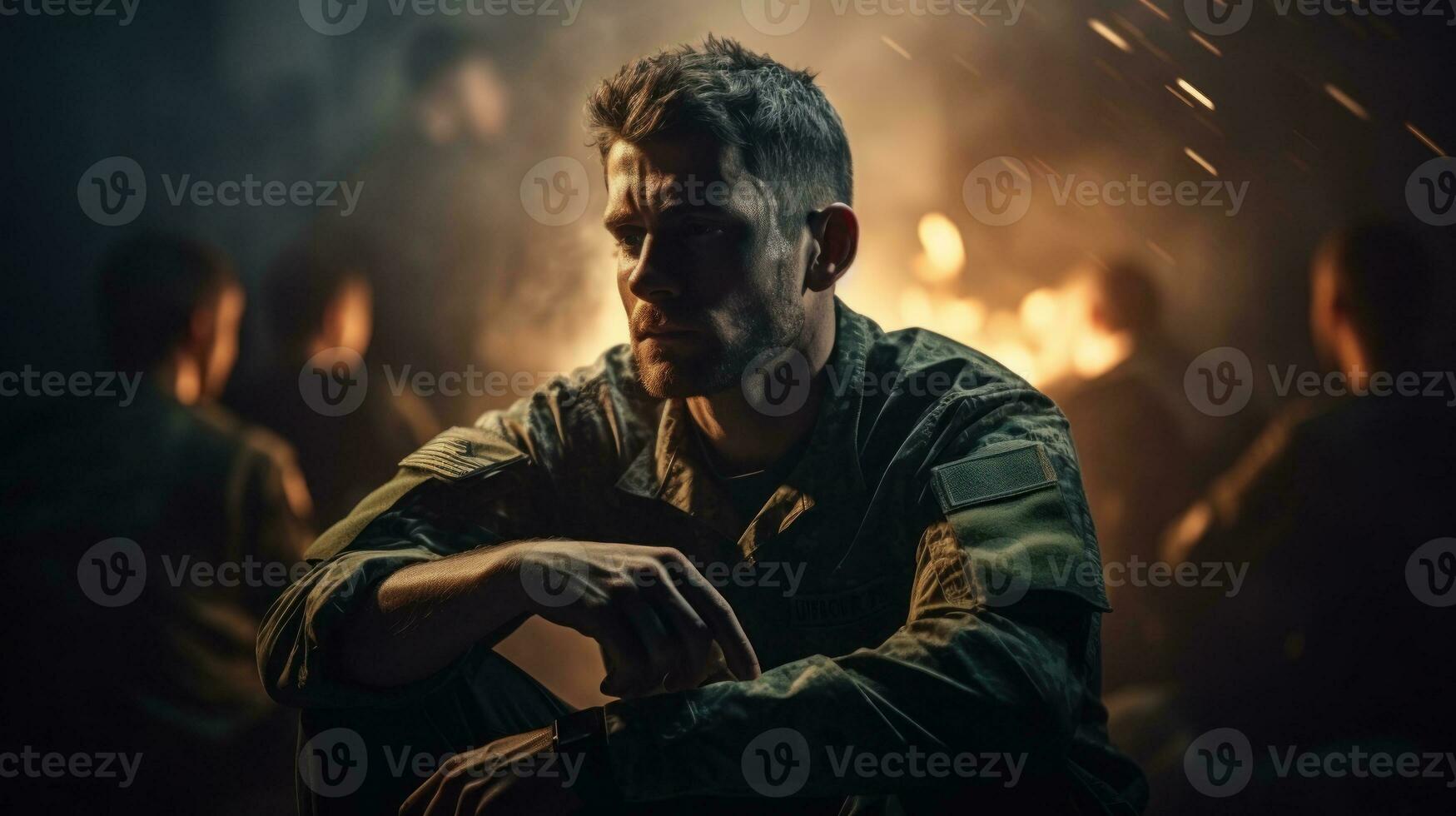 Portrait of a soldier in the smoke and fire. Military concept. Generative AI photo