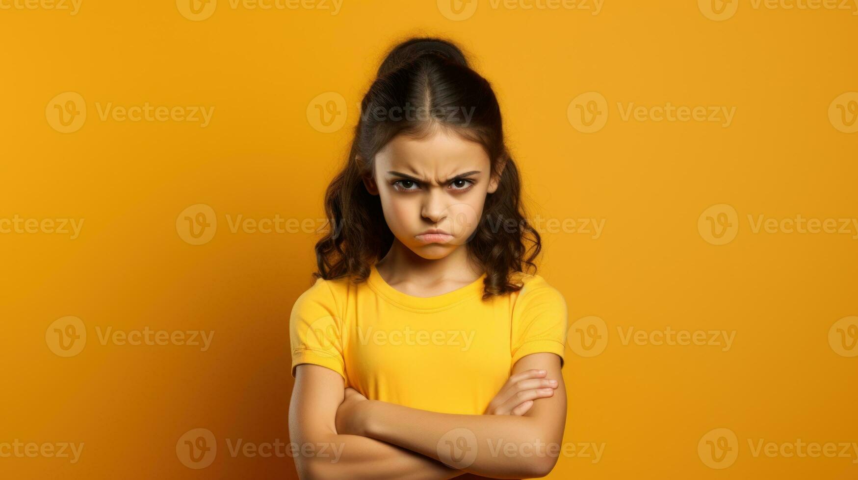 Portrait of upset little girl with crossed arms looking at camera over yellow background Generative AI photo