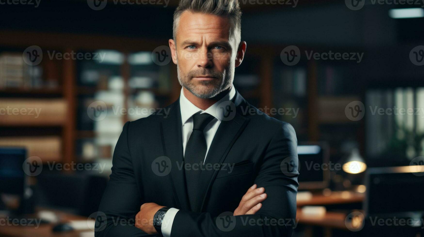 Portrait of confident mature businessman standing with crossed arms in office. Generative AI photo