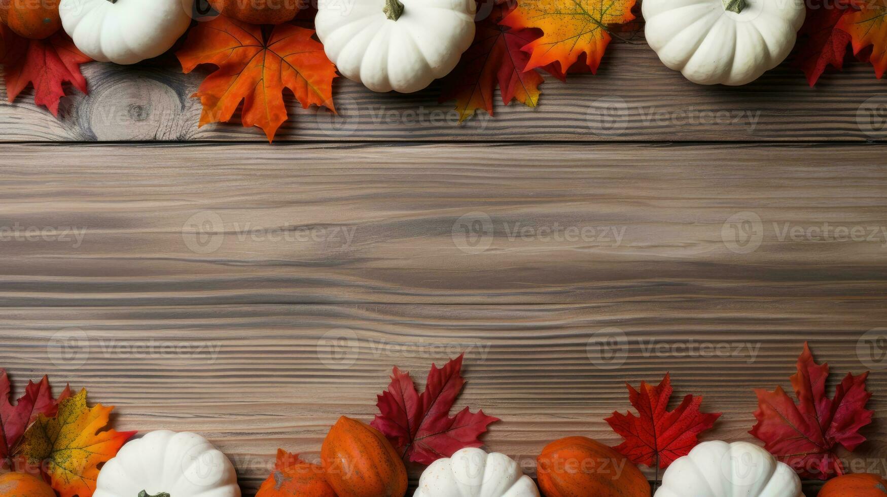Autumn background with pumpkins, leaves and copy space on wooden board Generative AI photo