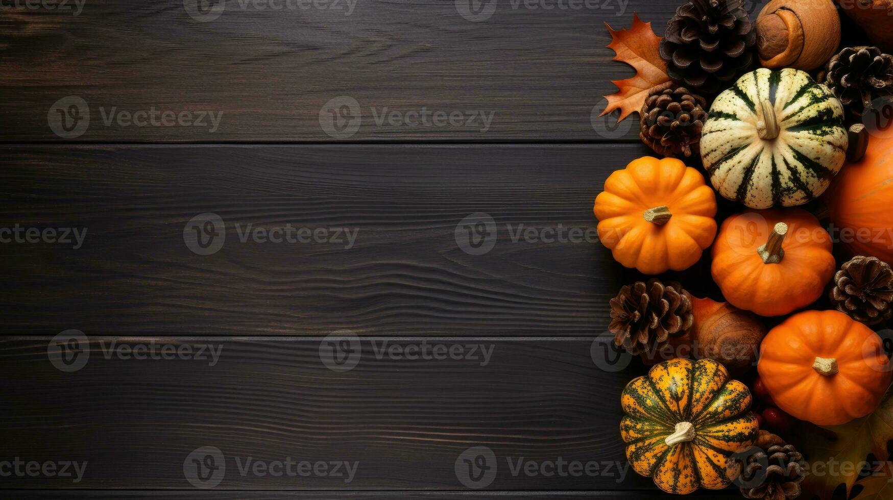 Autumn background with pumpkins, leaves and pine cones on wooden background Generative AI photo