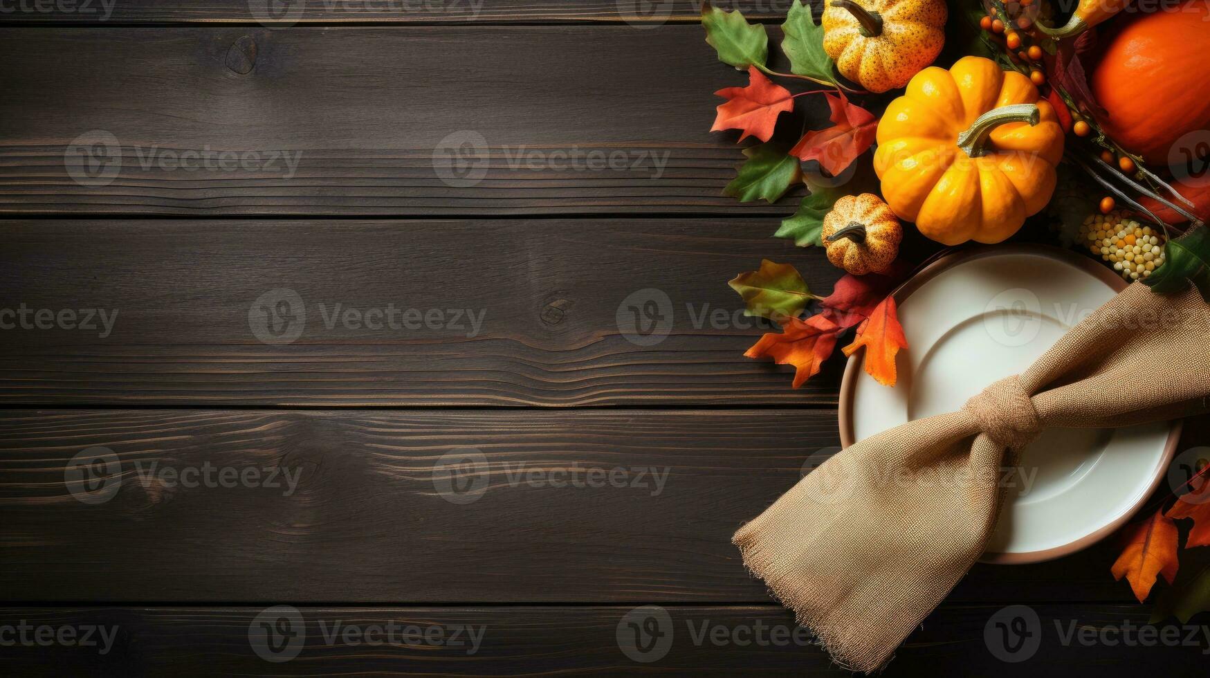 Thanksgiving table setting with pumpkins and autumn leaves on wooden background Generative AI photo