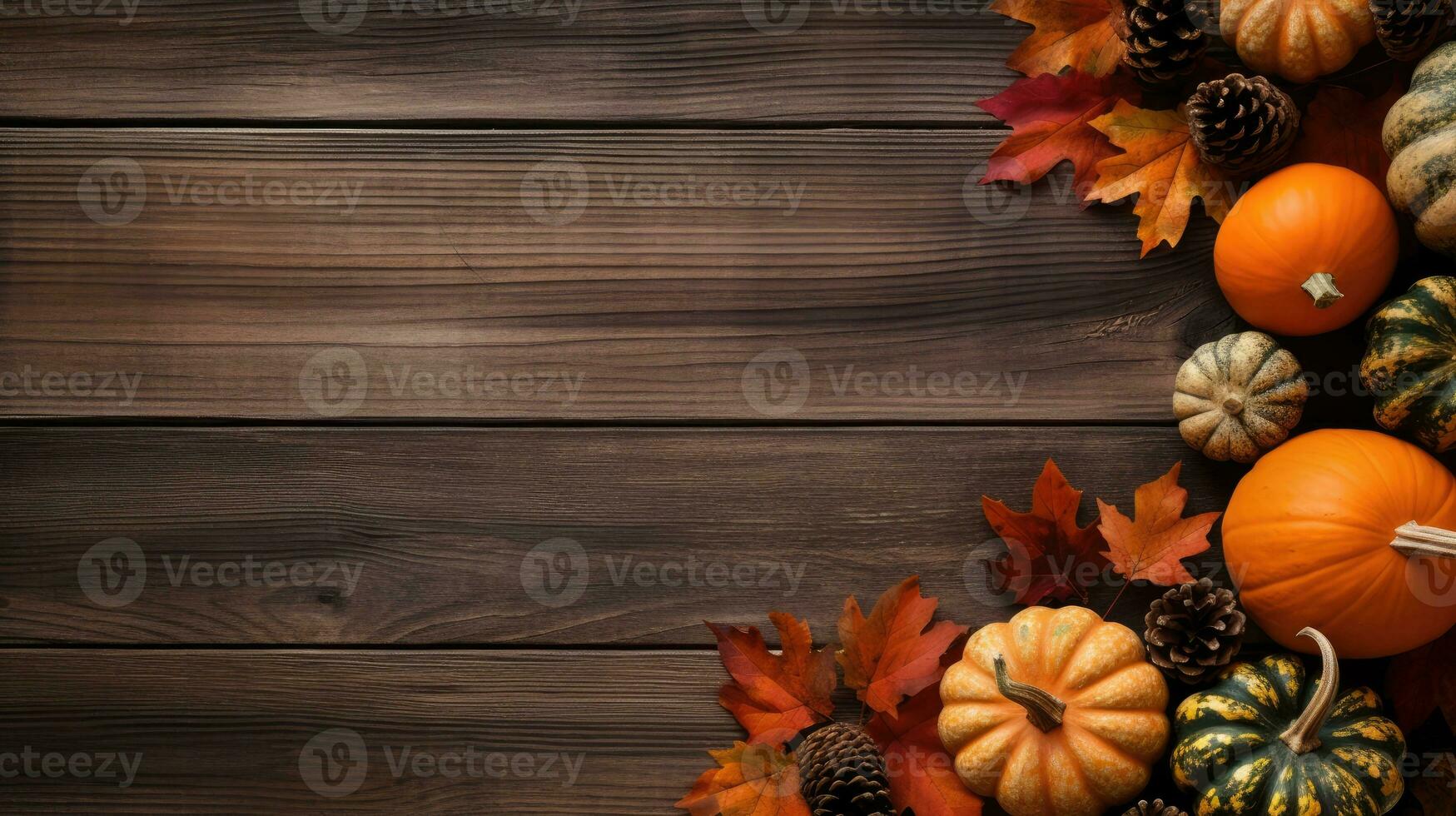Autumn background with pumpkins, leaves and pine cones on wooden board Generative AI photo