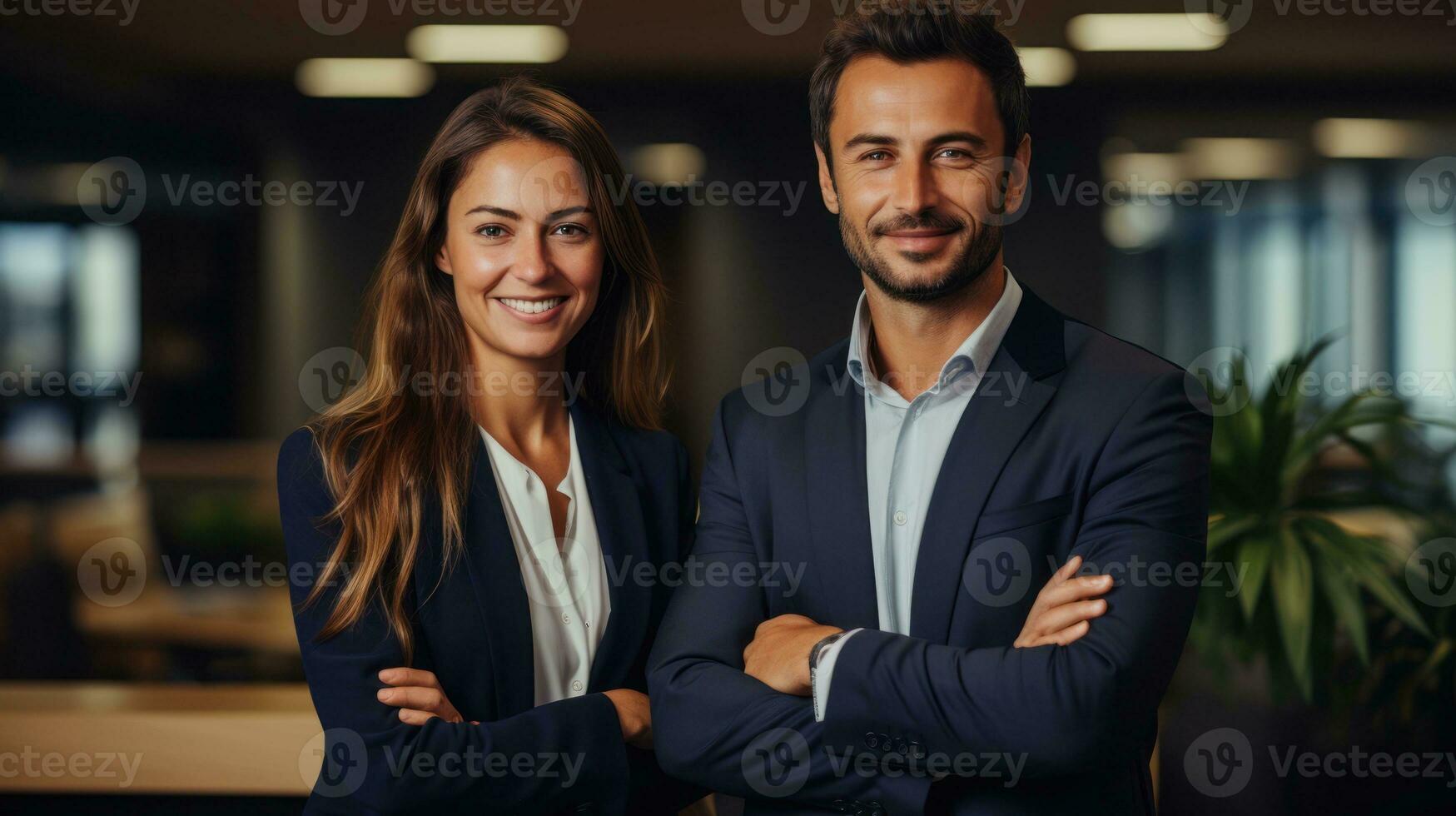 Portrait of happy business people standing with arms crossed in modern office Generative AI photo