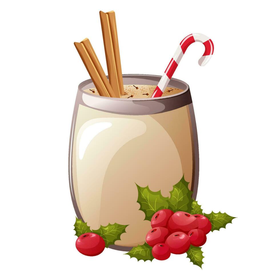 Glass of eggnog drink with cinnamon sticks, berries, green leaves and lollipop vector