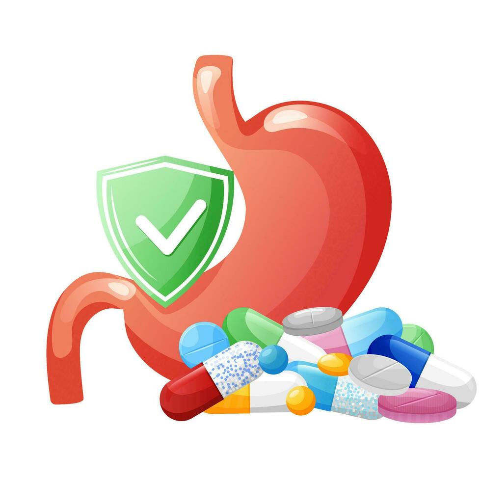 Human stomach with medicine capsules, tablets and pills with guard