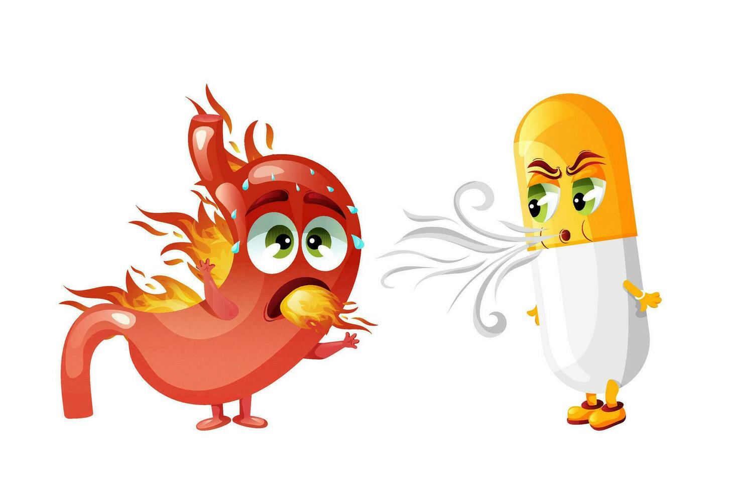 Burning stomach with blowing medicine capsule characters vector