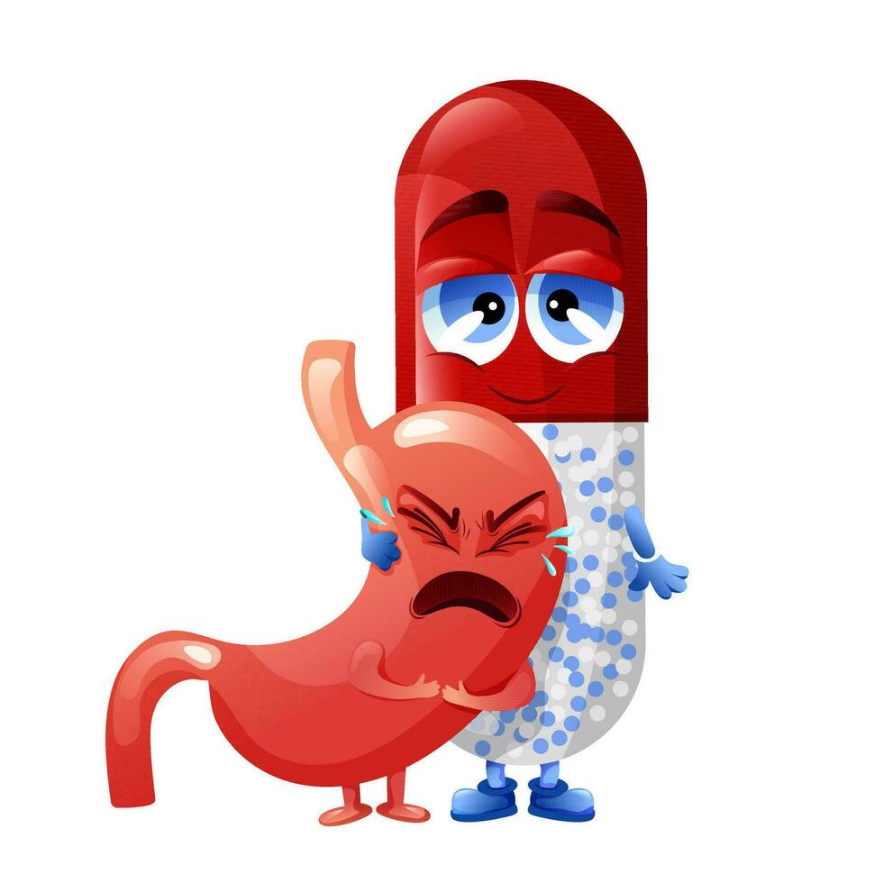 Cruing stomach with medicine capsule characters vector