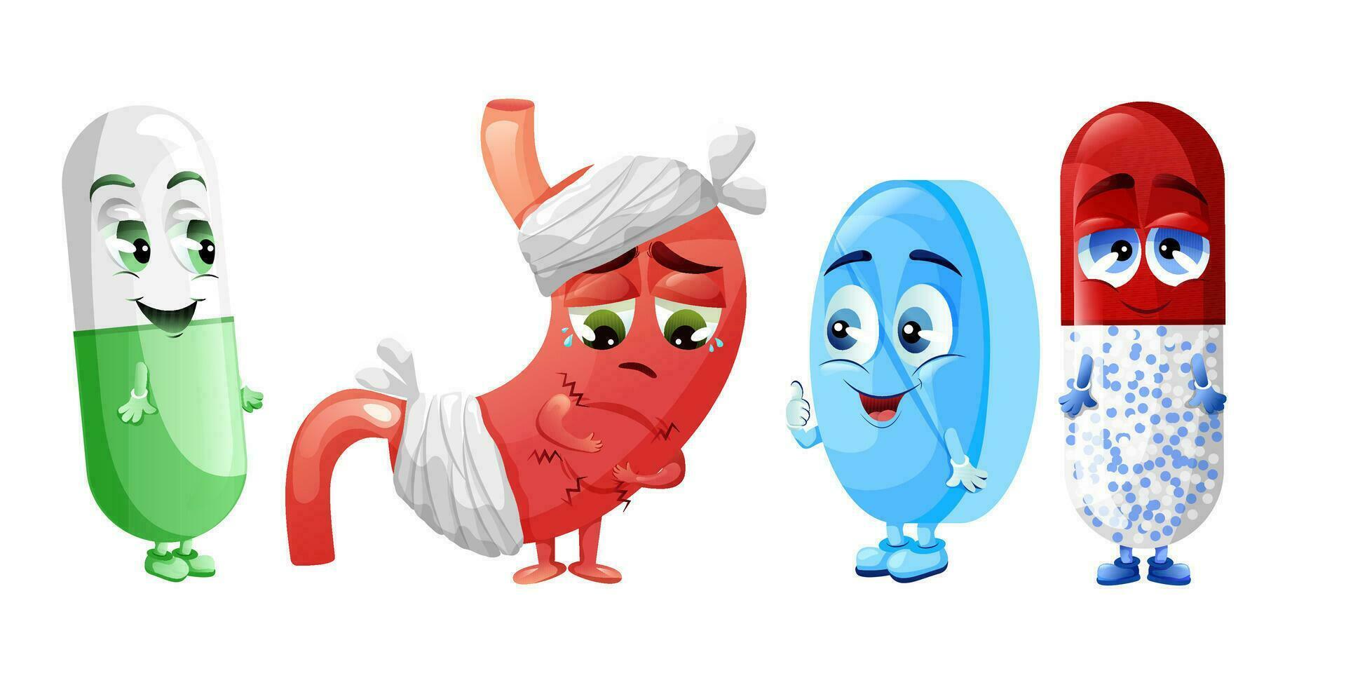Sick sad stomach with bandage and medicine capsules characters vector