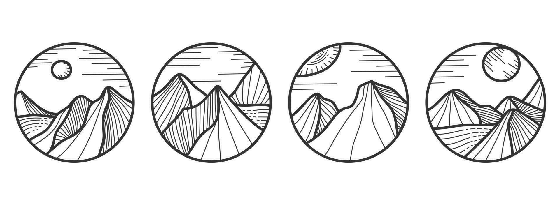 Set of Round Mountains logo. Creative minimalist modern line art print. Abstract contemporary aesthetic backgrounds landscapes. Round logo for stickers, poster logos, card vector