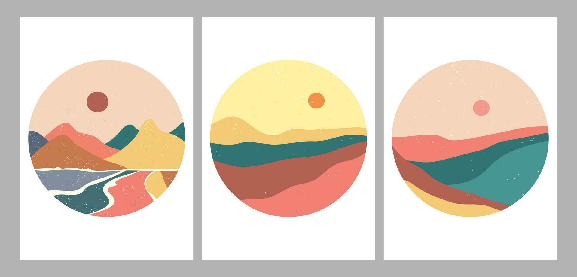 Set of Round Mountains logo. Round logo for stickers, poster logos, card. Minimalist style landscape illustrations of Mid century modern art with river, hills, wave vector