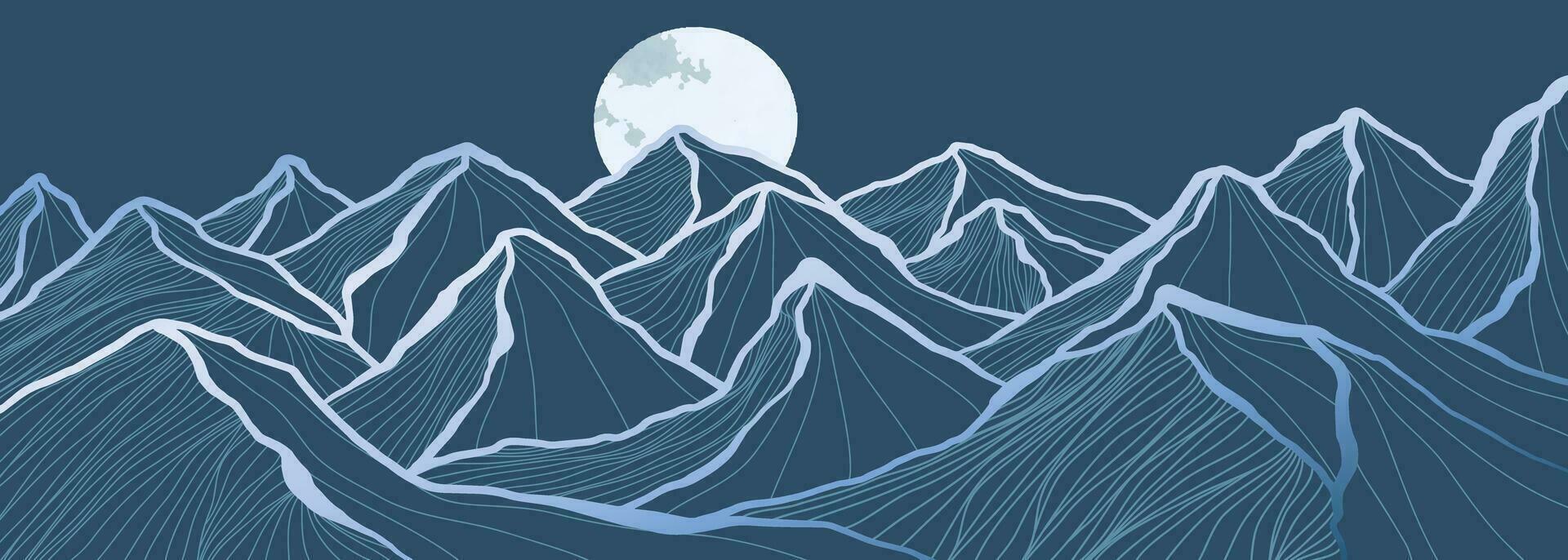 Mountain line art landscape illustration. Creative minimalist modern line art pattern. Abstract contemporary aesthetic backgrounds landscapes. with Mountain, hill and moonlight vector