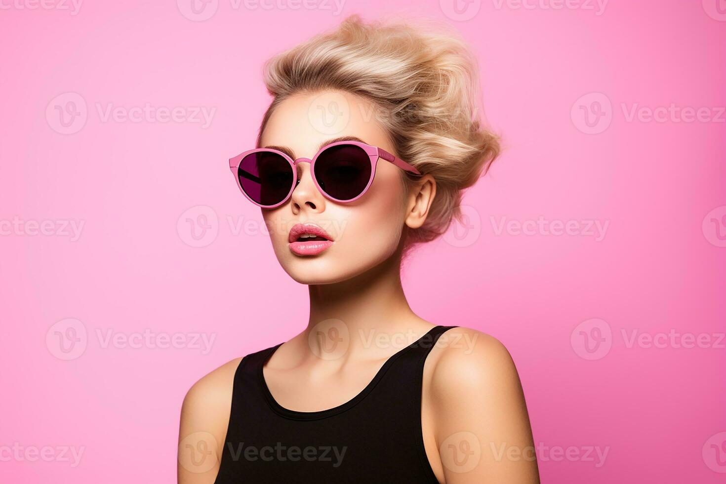 Ai generated Studio portrait of beautiful young blonde woman in sunglasses on different colour background photo