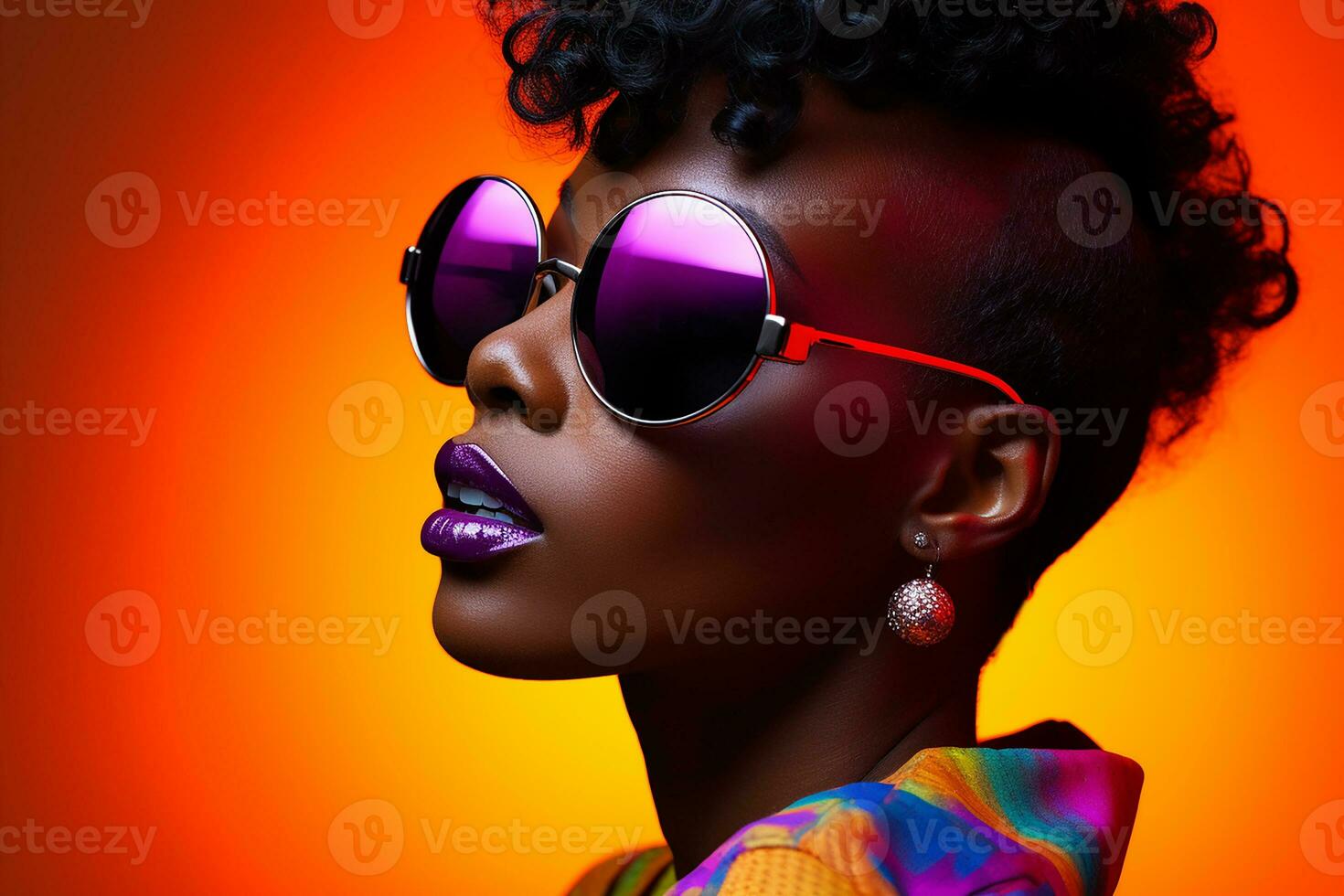 Ai generated  Studio portrait of a beautiful black skin african woman in sunglasses on different colours background photo