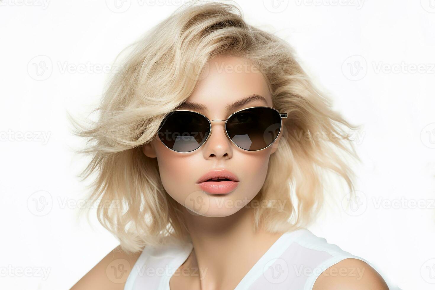 ai generado estudio retrato de hermosa joven rubia mujer en Gafas de sol en diferente color antecedentes foto