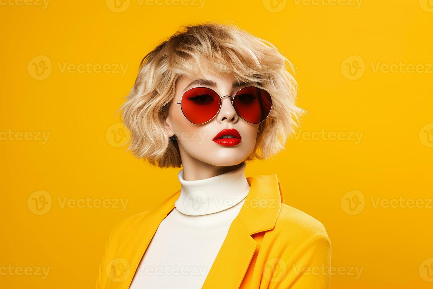 Ai generated Studio portrait of beautiful young blonde woman in sunglasses on different colour background photo