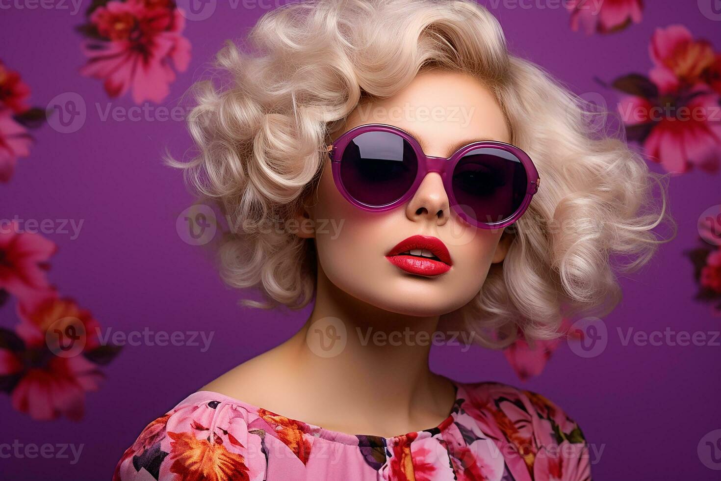 Ai generated Studio portrait of beautiful young blonde woman in sunglasses on different colour background photo