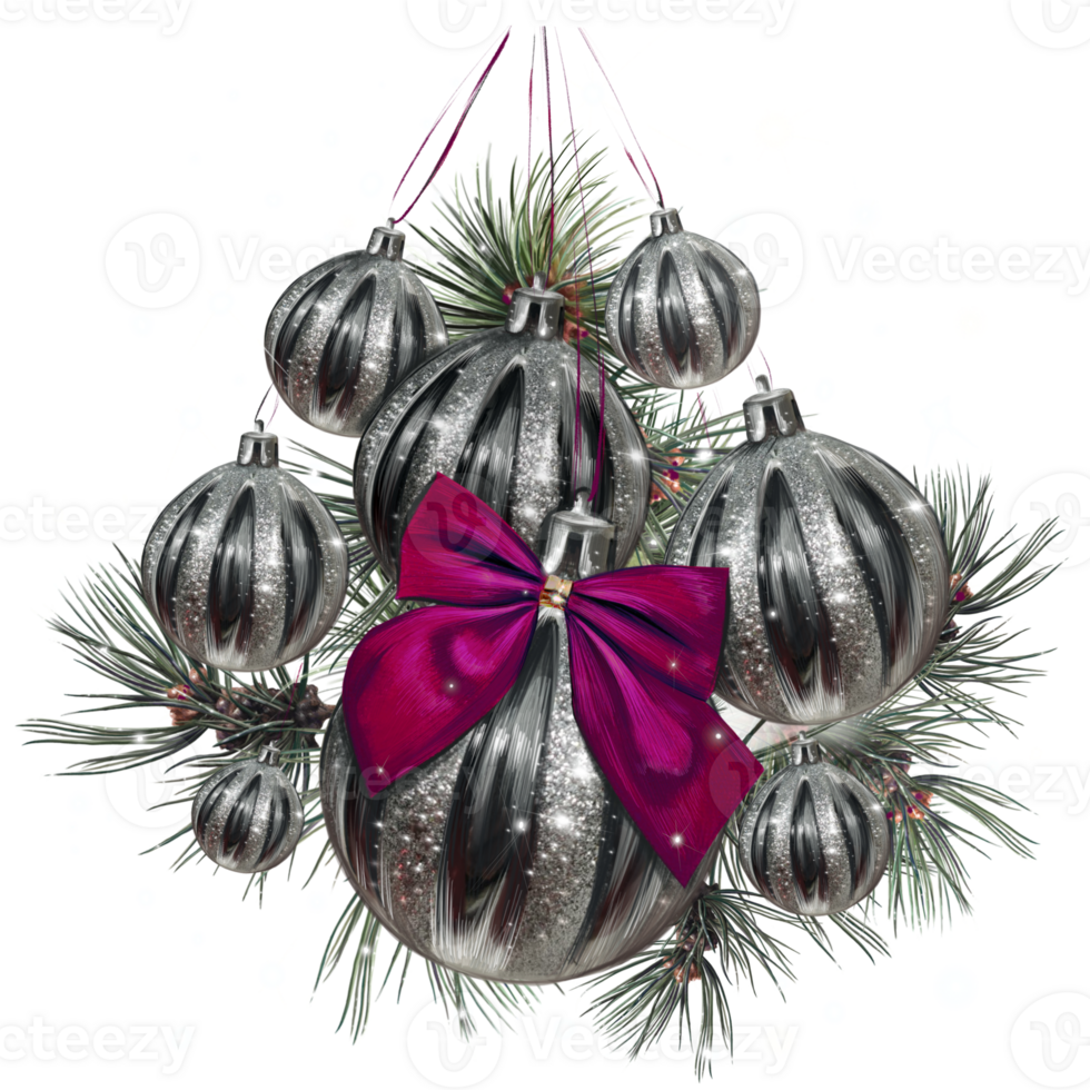 a group of silver Christmas balls on a Christmas tree in the snow png