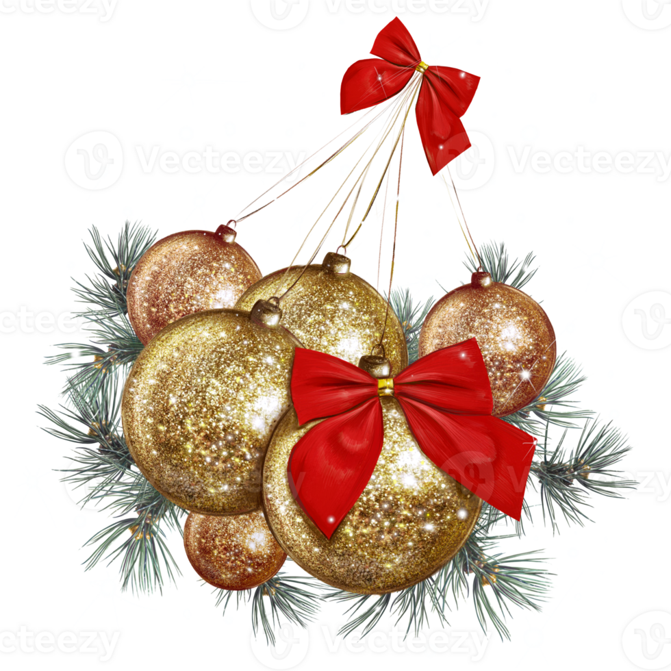 golden shiny christmas balls with red bows with fir branches png