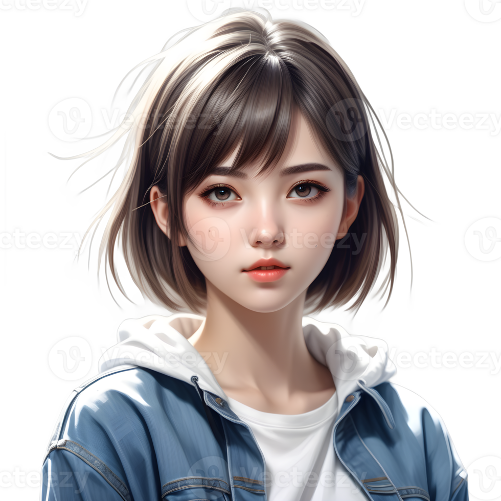 anime niña corto cabello, vistiendo kawaii camisa y vaqueros, casual ropa estilo, hiper realista, aislado en transparente antecedentes. ai generativo png