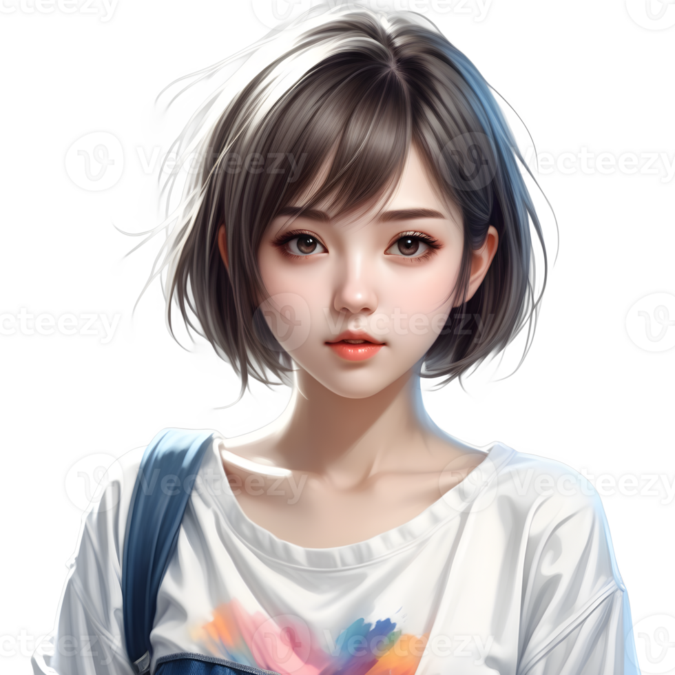 anime niña corto cabello, vistiendo kawaii camisa y vaqueros, casual ropa estilo, hiper realista, aislado en transparente antecedentes. ai generativo png