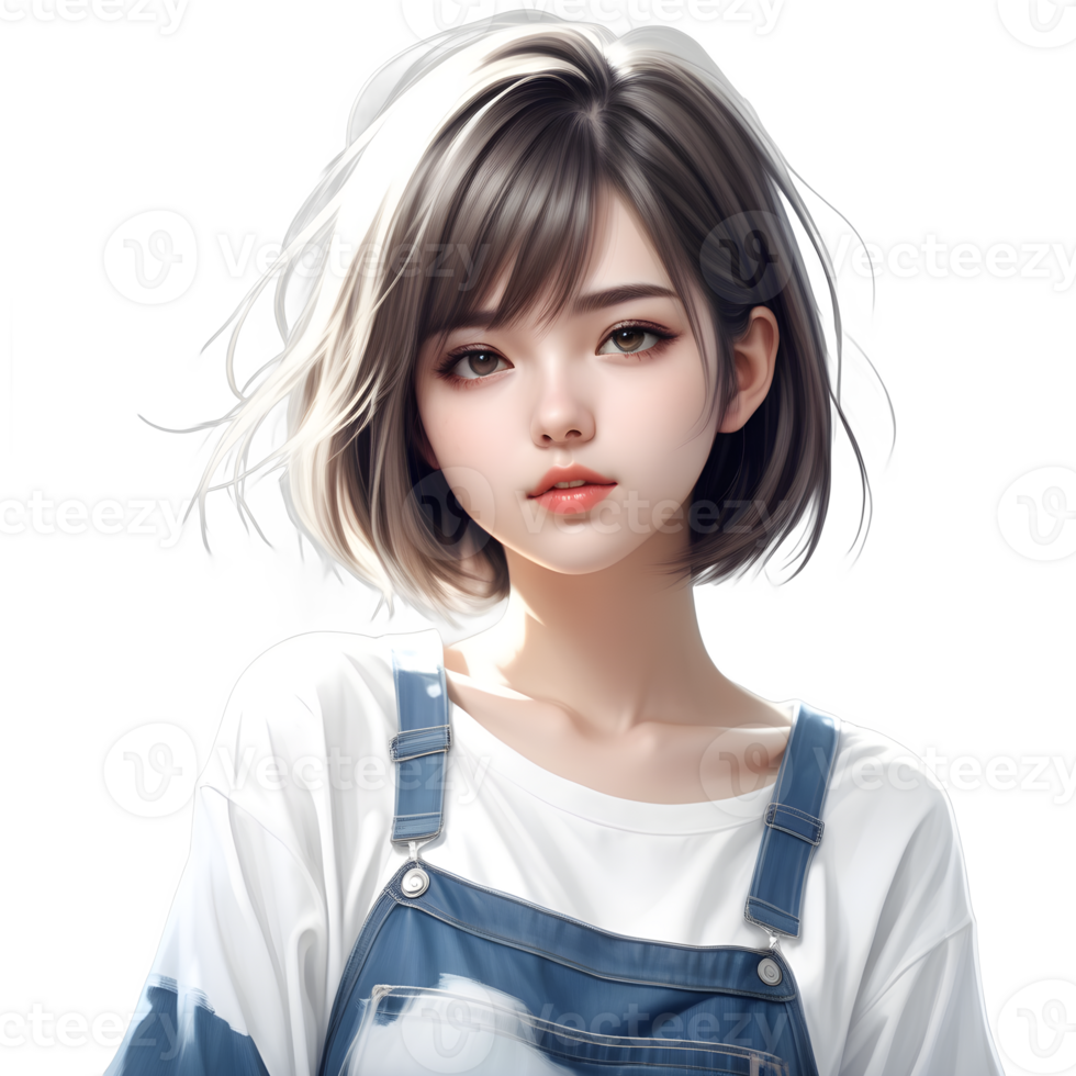 anime girl short hair, wearing kawaii shirt and jeans, casual clothing style, Hyper realistic, Isolated on transparent background. ai generative png