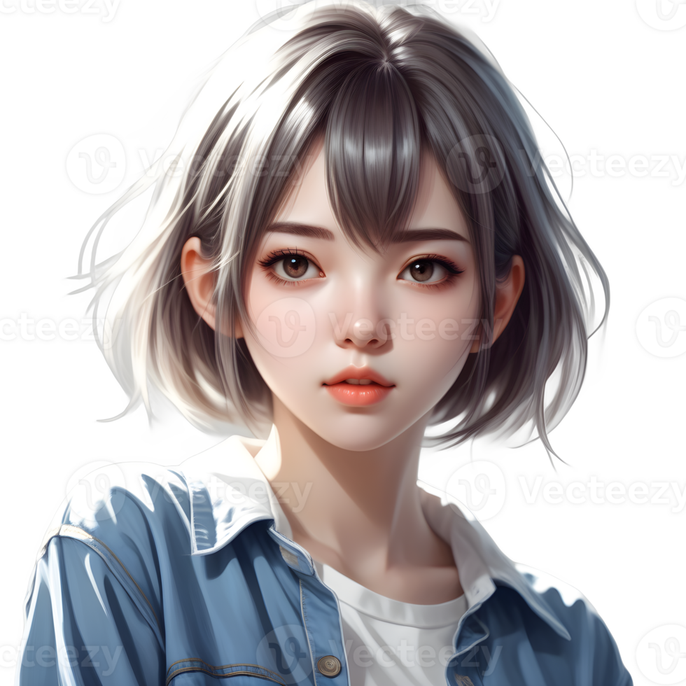 anime niña corto cabello, vistiendo kawaii camisa y vaqueros, casual ropa estilo, hiper realista, aislado en transparente antecedentes. ai generativo png